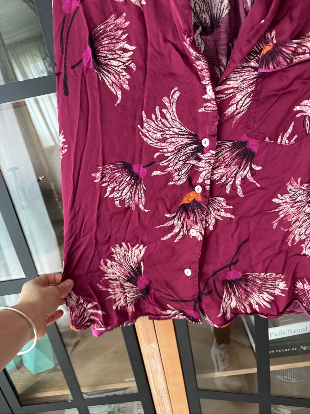 Anthropologie pajamas shirt Oversized Button down satin mulberry long sleeve top - Picture 8 of 10